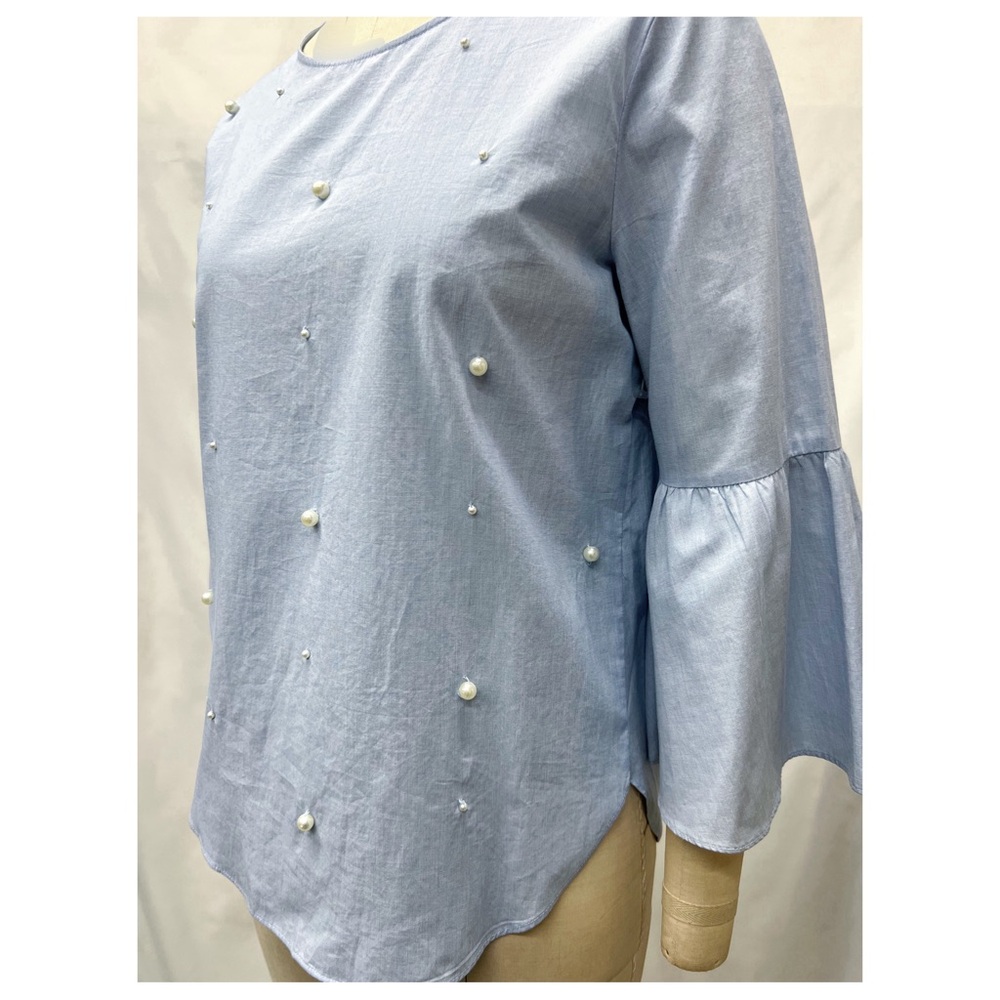Sky Blue 3/4 Sleeve Faux Pearl Blouse - Picture 2 of 15